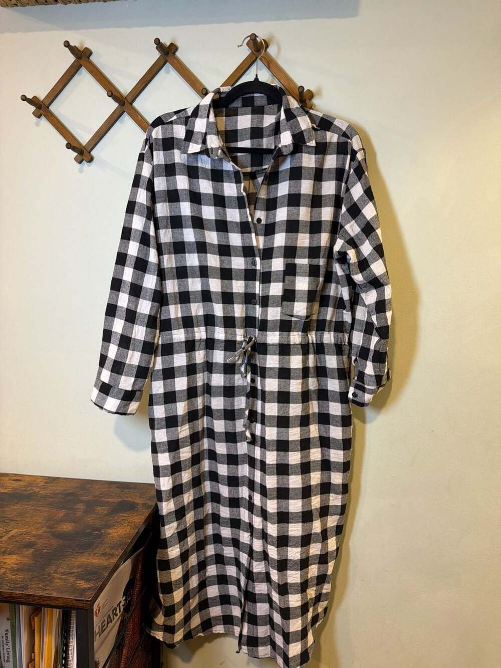 Unbranded Black and White Buffalo Plaid Long Sleeve Button Down Shirt Dress with
